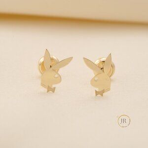 14K Solid Gold Playboy Bunny Silhouette Stud Earrings